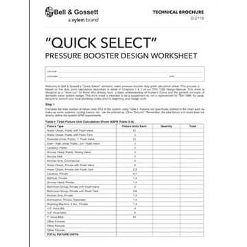 "Quick Select" Pressure Booster Design Worksheet